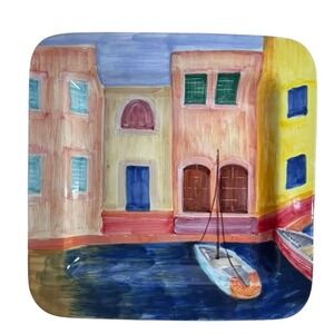 Vietri Italy Italian 17" Square Platter/Hanging Wall Plaque Hand Painted Coastal